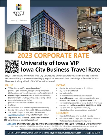 UI Travel Rate at the Hyatt Place Iowa City
