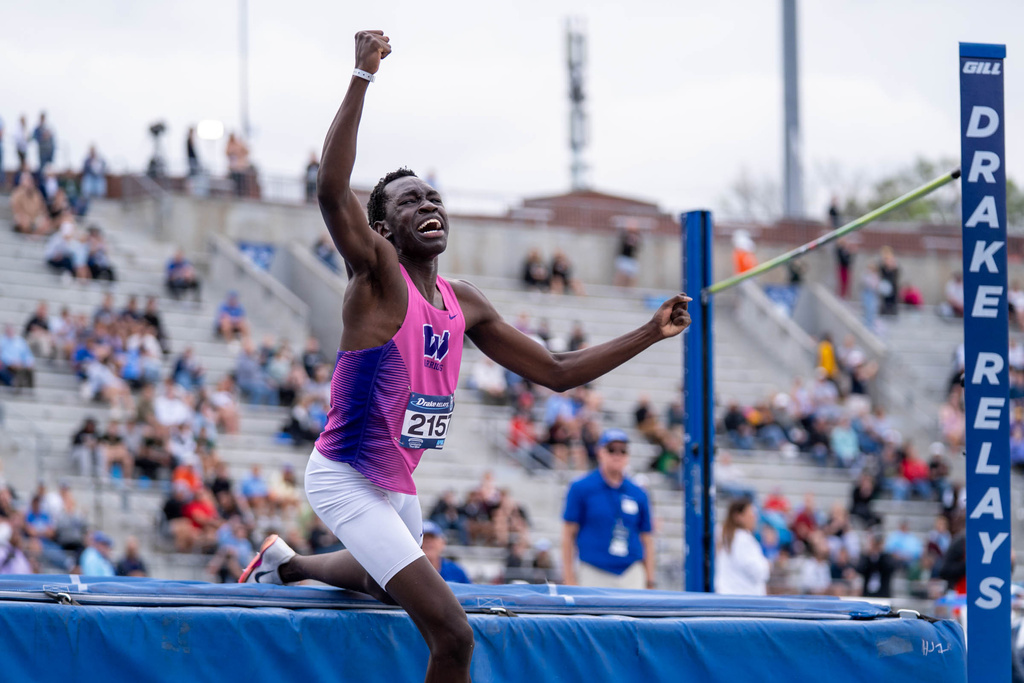 This is a photo of a high jumper at the 2026 Drake Relays taken by Emma Reiter.