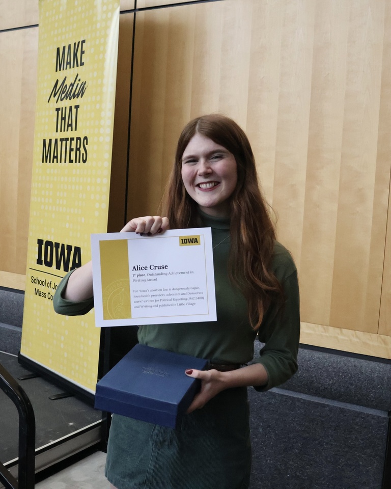 SJMC senior Alice Cruse won first place in the Outstanding Writing Award on Tuesday, April 10, 2025.