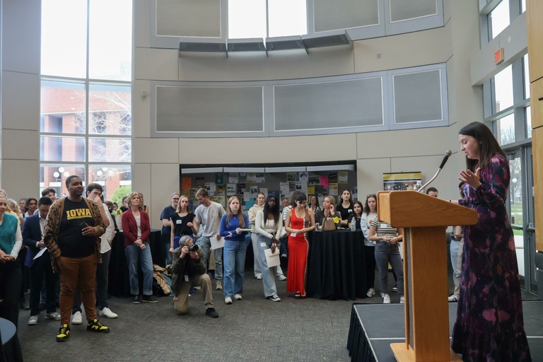Director Melissa Tully gave short remarks at the student exhibition on Tuesday, April 10, 2025.