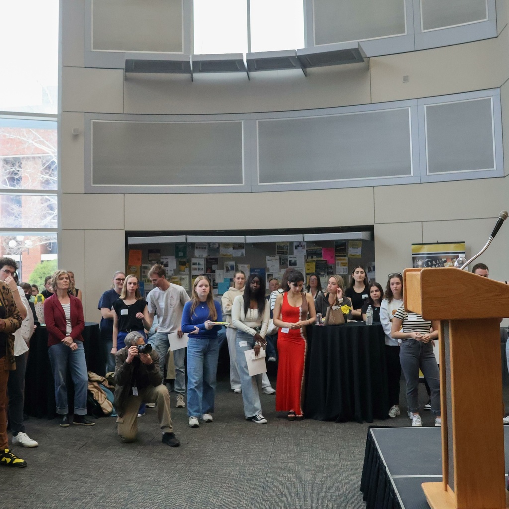 Director Melissa Tully gave short remarks at the student exhibition on Tuesday, April 10, 2025.