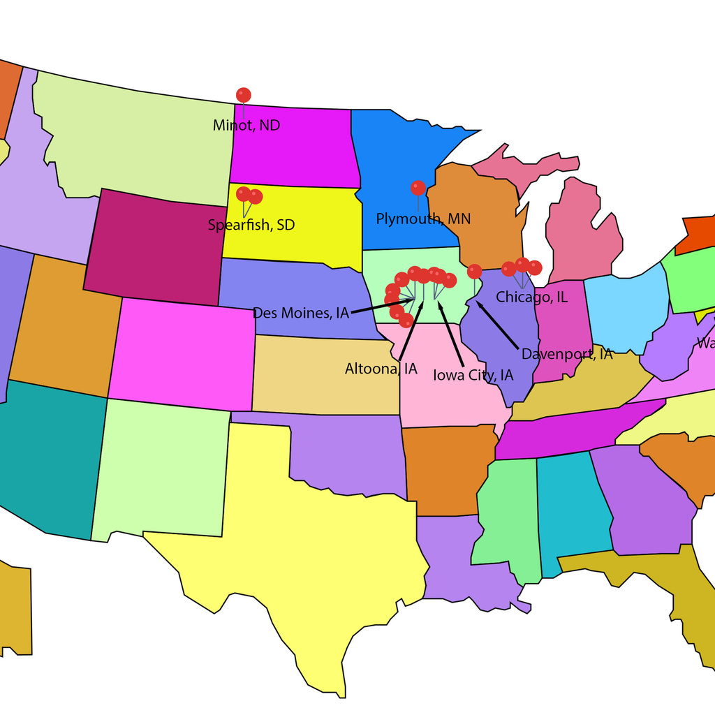 A map pinpointing where the SJMC students interned over the summer.