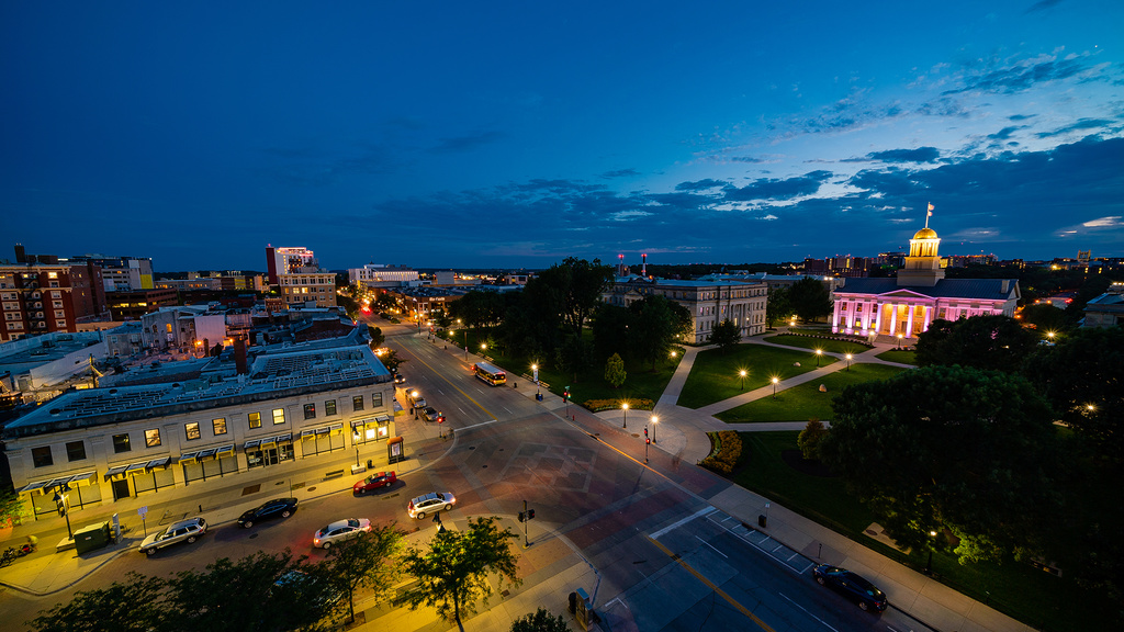 Image of the University of Iowa campus at night.