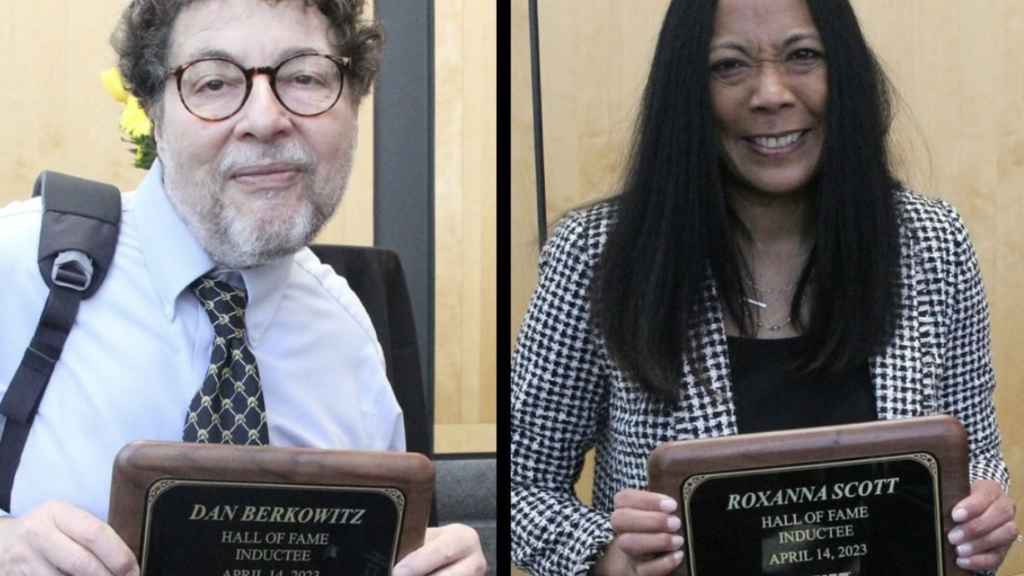 Berkowitz and Scott holding hall of fame awards
