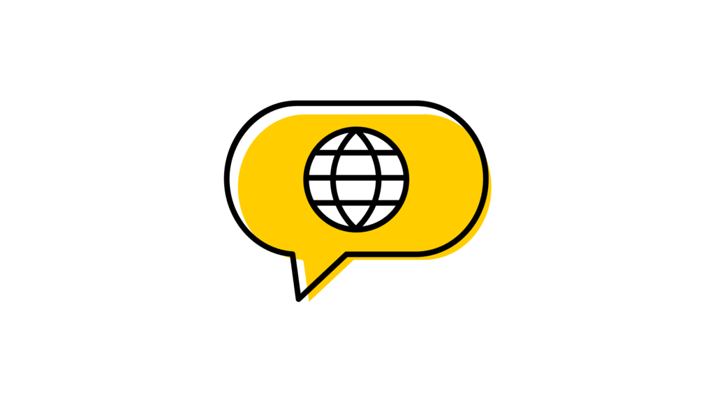 Image of speech bubble with globe inside it.