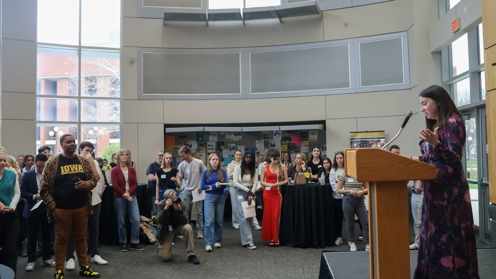 Director Melissa Tully gave short remarks at the student exhibition on Tuesday, April 10, 2025.
