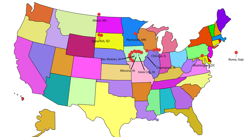 A map pinpointing where the SJMC students interned over the summer.
