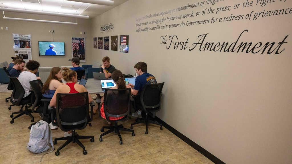 This is a photo of the politics and sports desk at The Daily Iowan