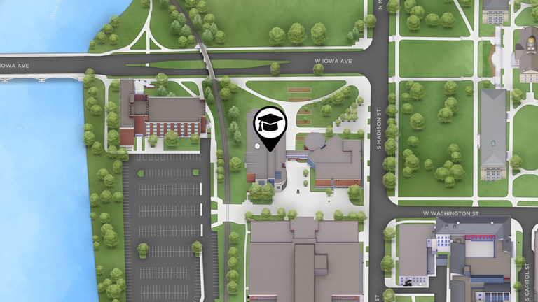 Map showing Adler Journalism Building's location on the UI campus